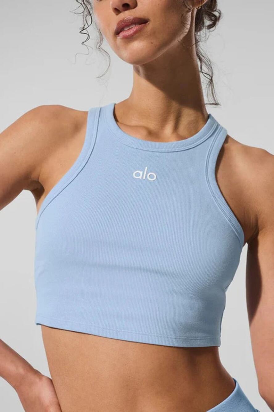 Alo Yoga Aspire Racerback Ribbed Cropped Tank Top Crystal Clear Blue Small